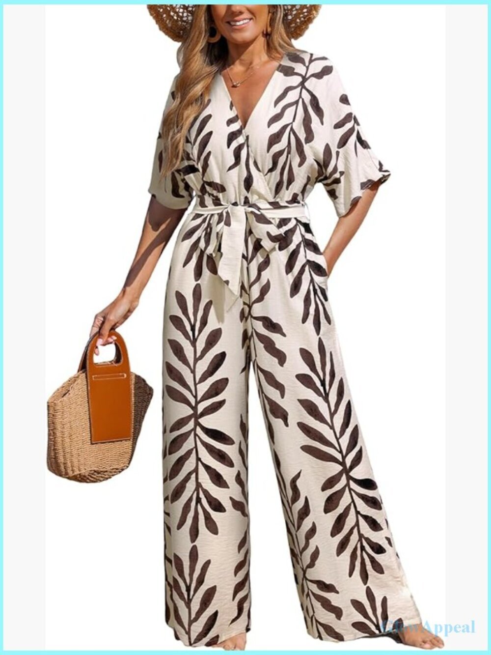 CUPSHE Women's Summer Jumpsuit Boho Floral Wide Leg Pants Belted Tie V Neck